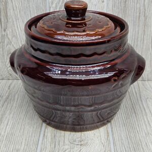 Mar-Crest Daisy and Dot Brown Stoneware Bean Pot with Lid Oven Proof USA Vintage